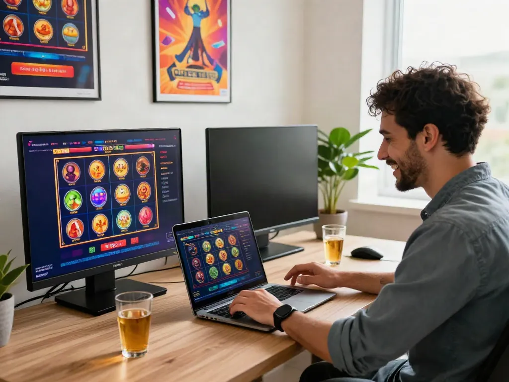 Player enjoying an online casino atmosphere with various games on screen, showcasing the thrill of a casino bonus sans depot.