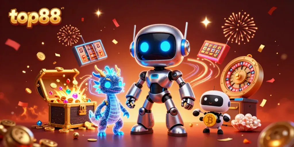 Experience top88 excitement with a cyberpunk mascot and vibrant casino elements in 3D.