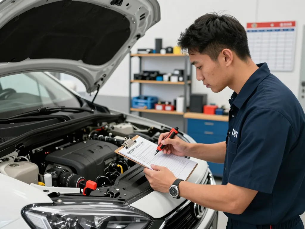 Lyft inspection near me - mechanic conducting vehicle inspection with tools in a bright garage