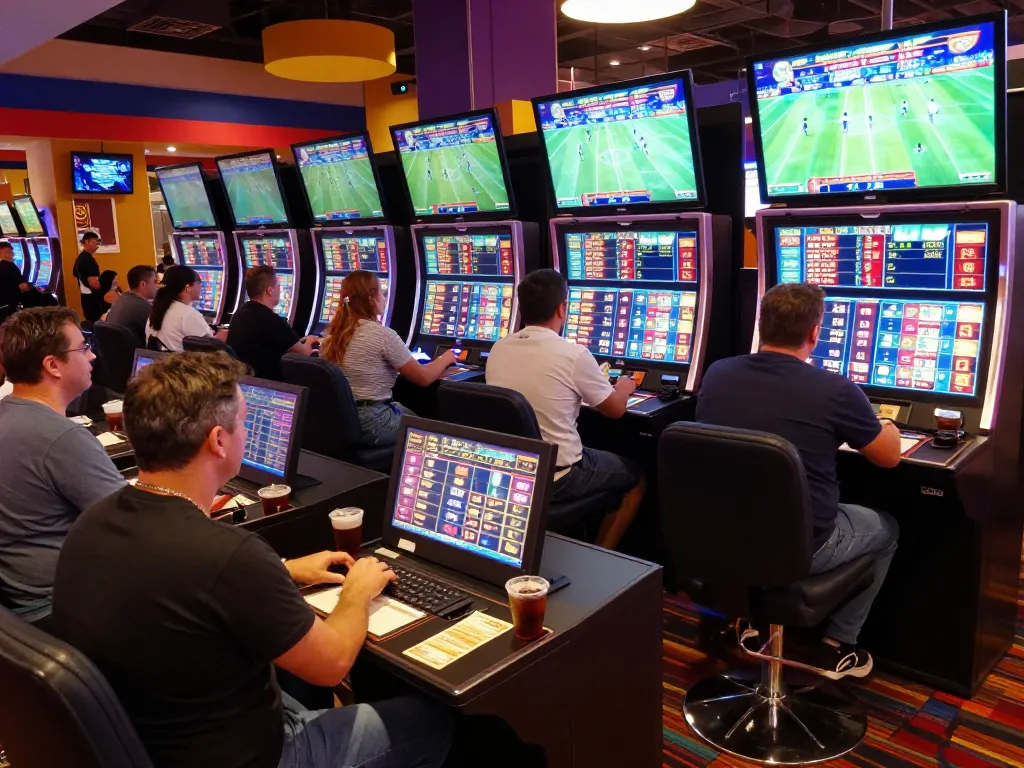 Excited gamblers analyzing tỷ lệ kèo nhà cái during live sports betting at a casino.