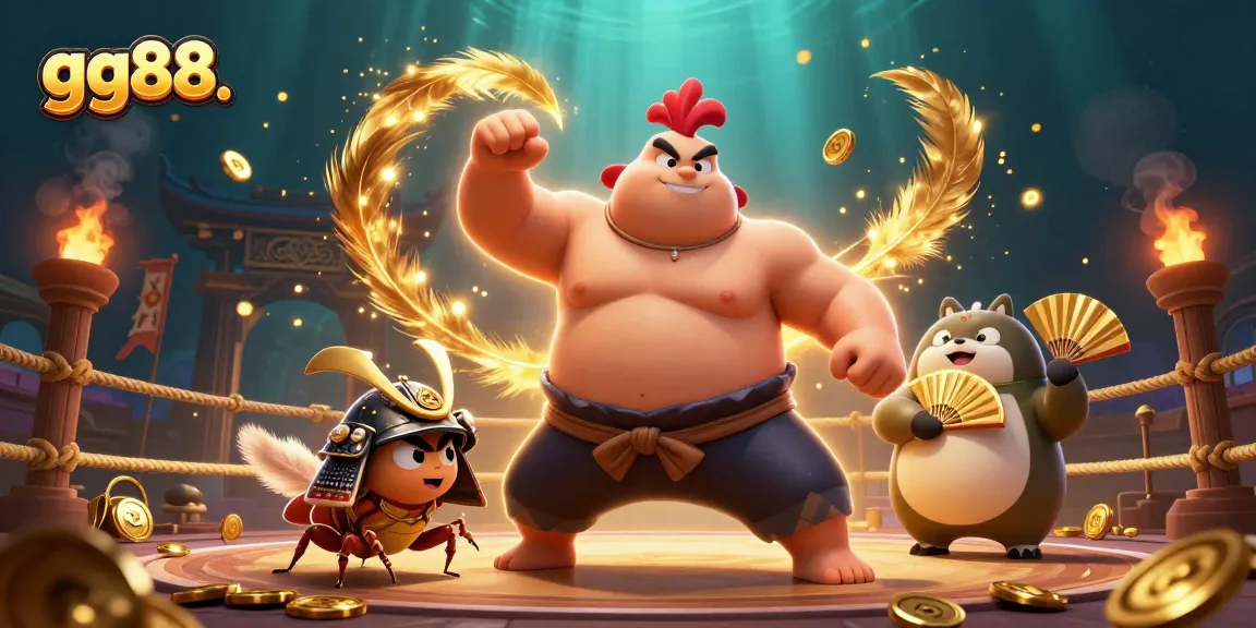 Experience thrilling gaming action at gg88. A dynamic scene showcases unique characters and gold coins flying around.