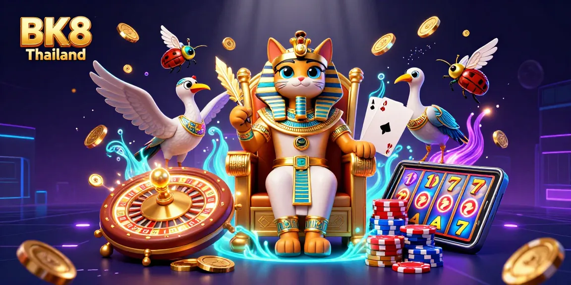 Experience luxury gaming at BK8 Thailand with a stunning 3D illustration of pharaoh cat and casino elements.