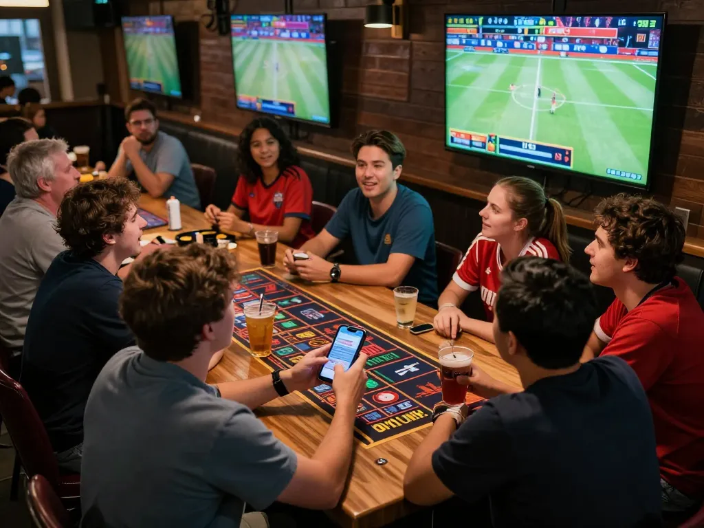 Excited patrons engaged in sports betting at TOPBET in a lively sports bar atmosphere.