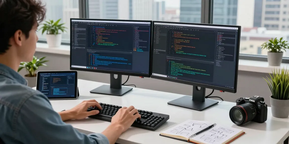 Developing software at a modern workspace, highlighting telegraimin.com technology in action.