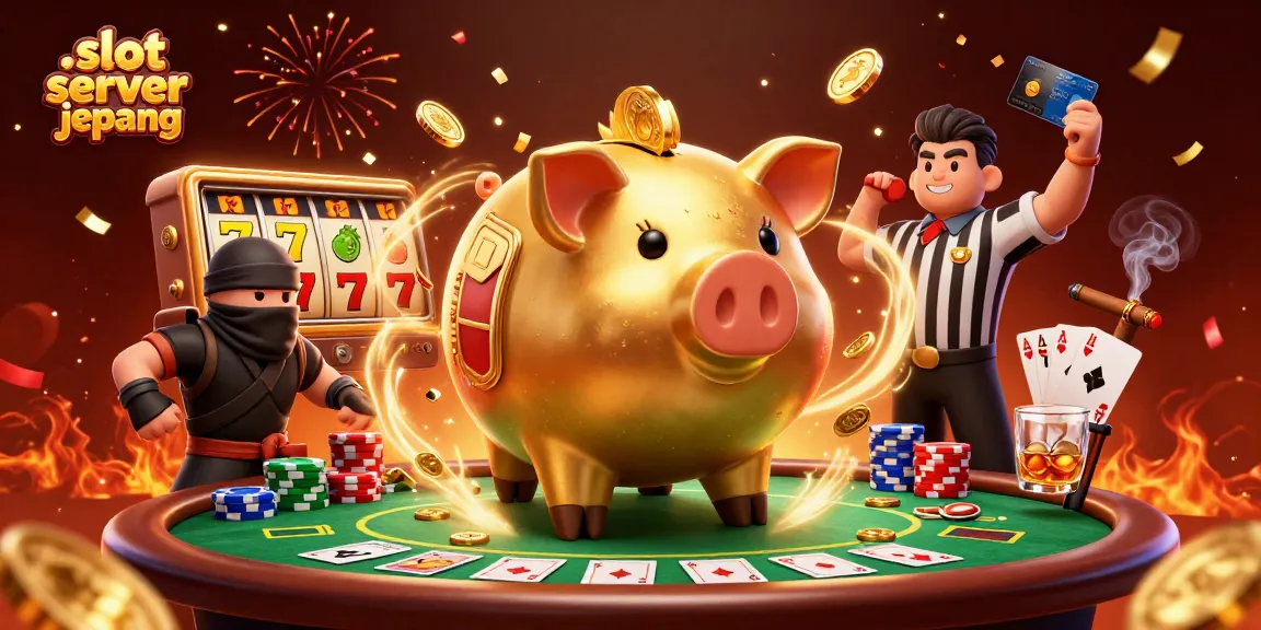 Engage with the slot server jepang featuring a golden piggy bank sumo wrestler amidst dynamic casino elements.