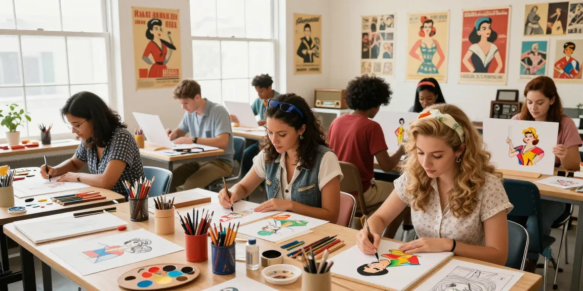 Creative artists collaborating on colorful pin up illustrations in a vibrant art studio