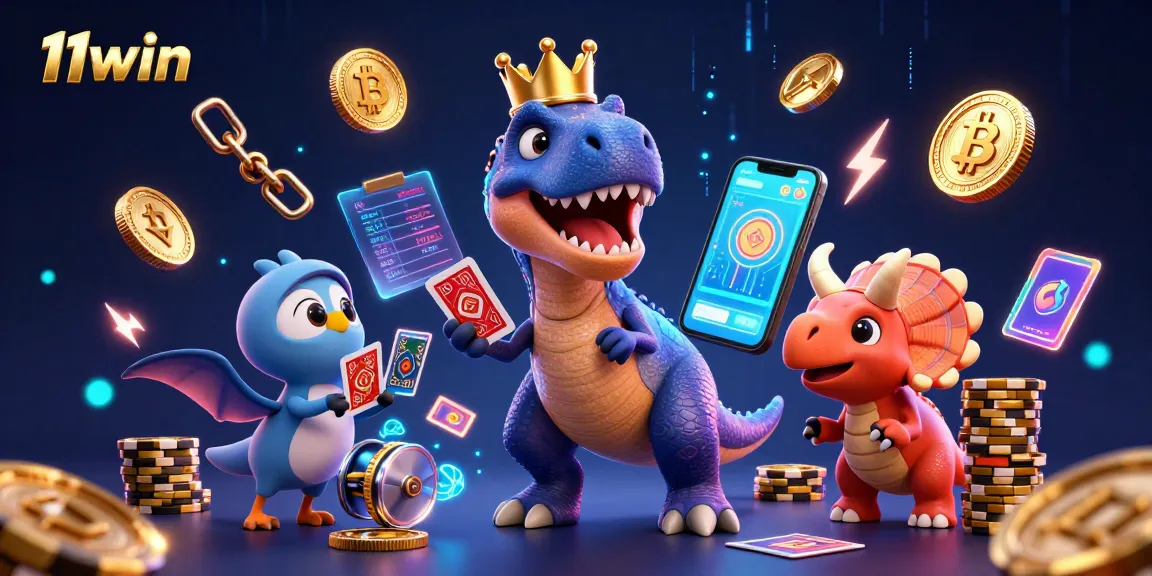 Experience thrilling gaming with 11win as a T-Rex and friends shuffle cards and stack chips!