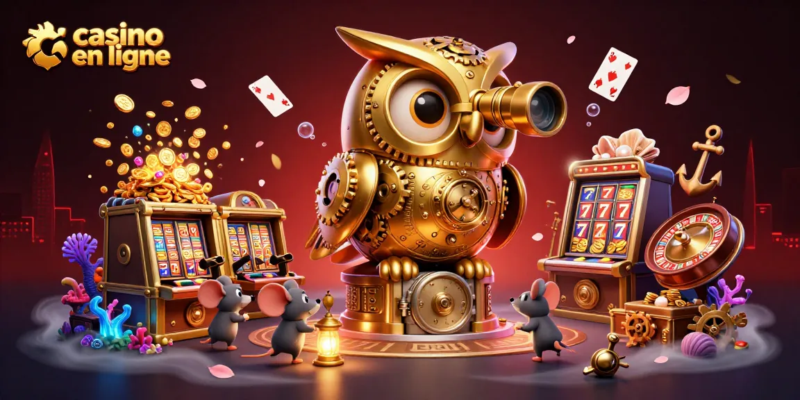 Explorez le monde du casino en ligne avec un hibou doré, des pièces et des jeux dynamiques.