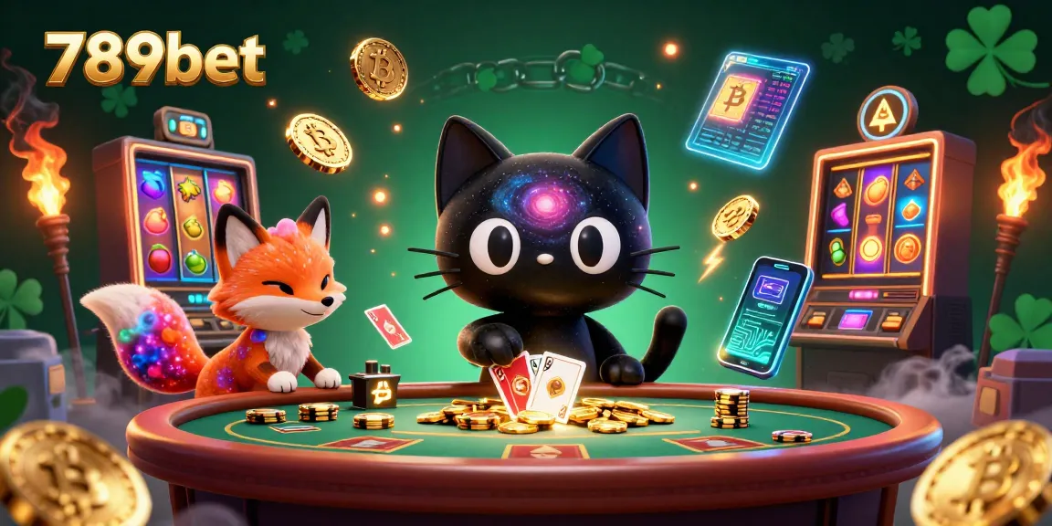 Engage with 789bet's cosmic casino scene featuring a black hole cat and nebula fox.