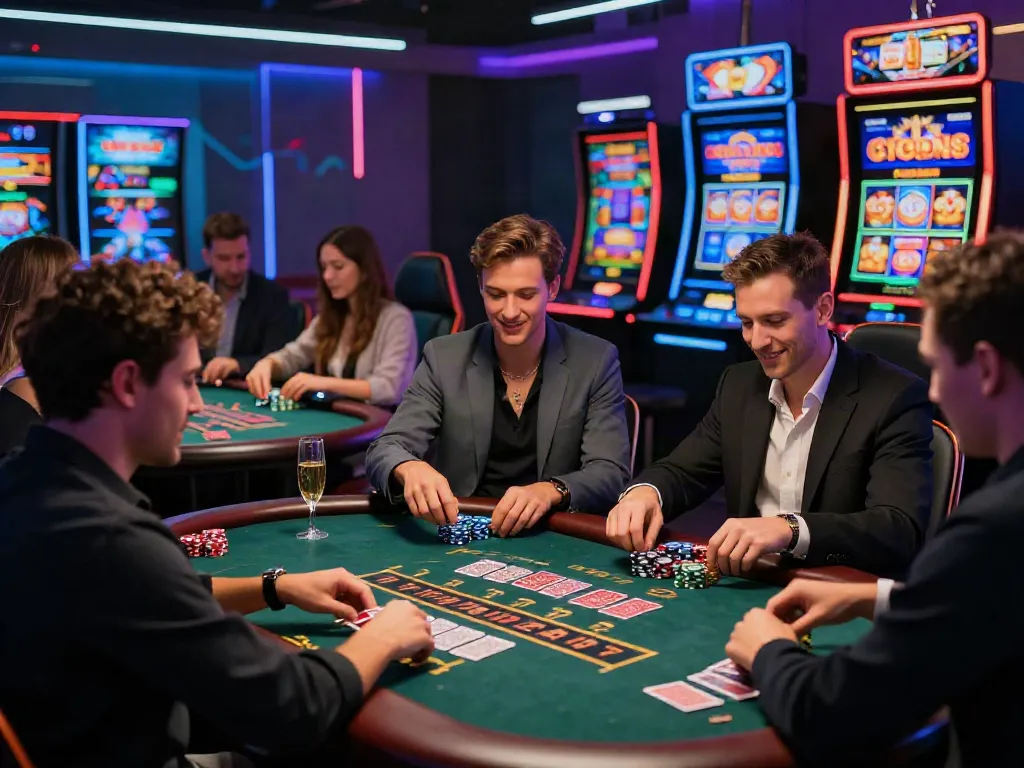 Casino en Ligne vibrant gaming scene with diverse players at table games.