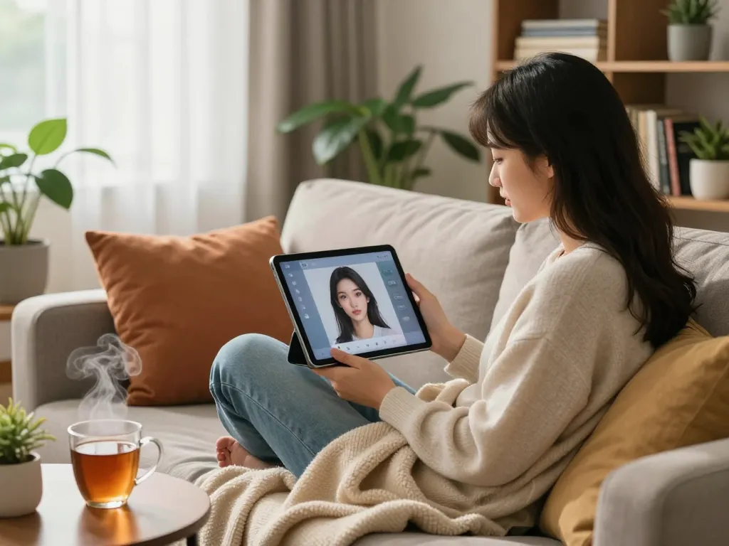 Young woman exploring her ai gf on a tablet in a cozy living room.