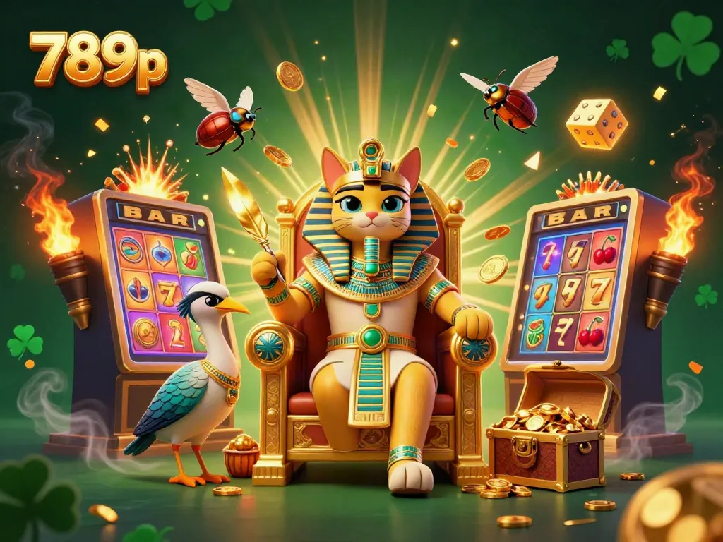 Experience the thrill of winning with 789p featuring vibrant casino elements and a pharaoh cat.