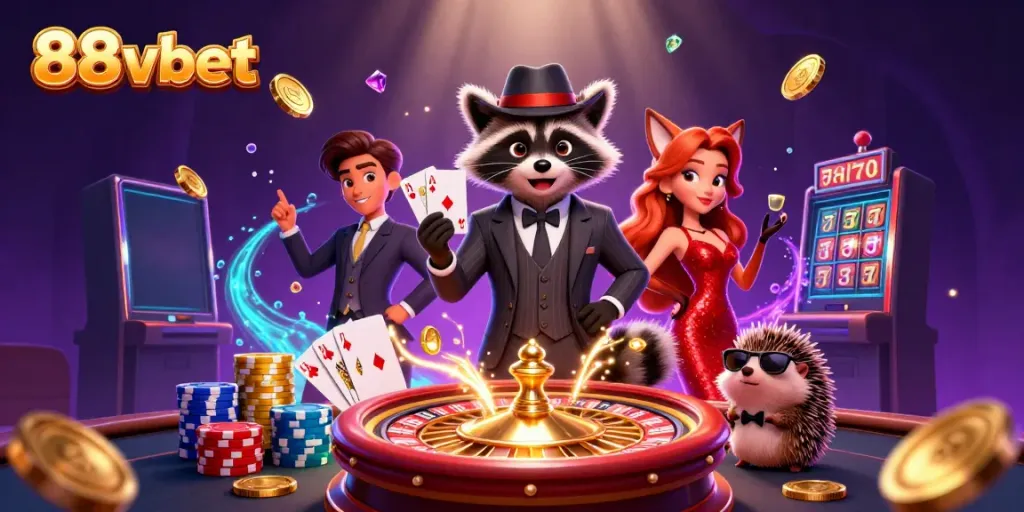 Experience thrilling moments at 88vbet, where a stylish raccoon holds a royal flush amidst vibrant casino elements.