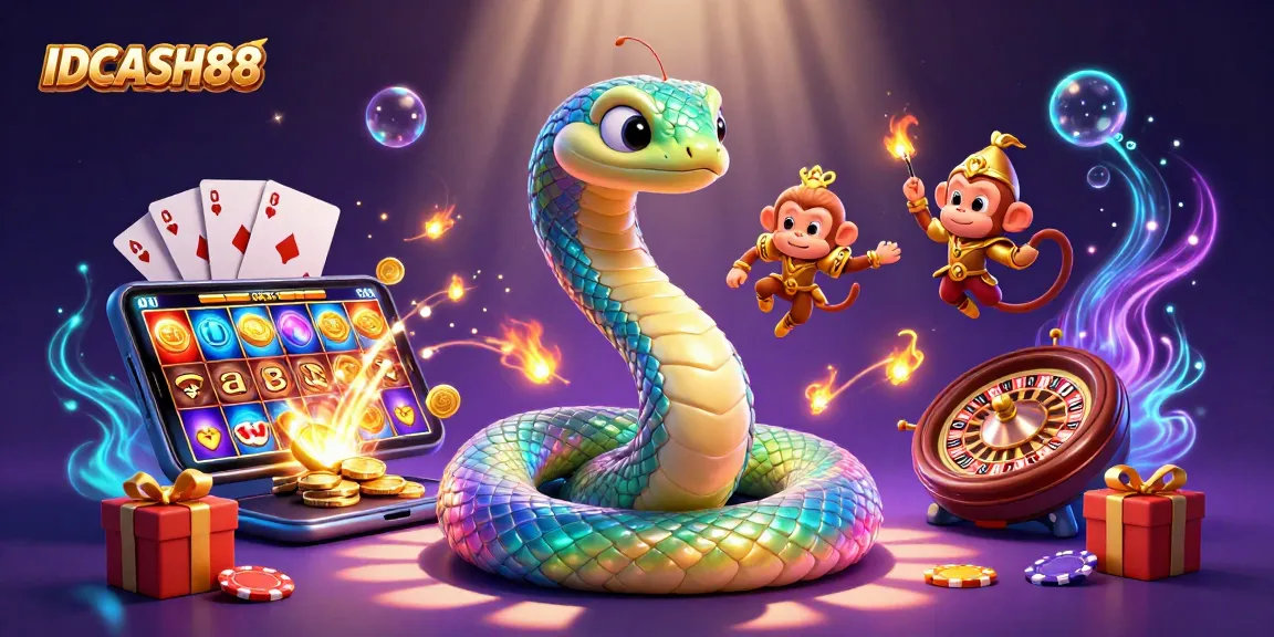 IDCASH88 captivates players with vibrant, dynamic casino gaming illustration featuring exciting game elements.