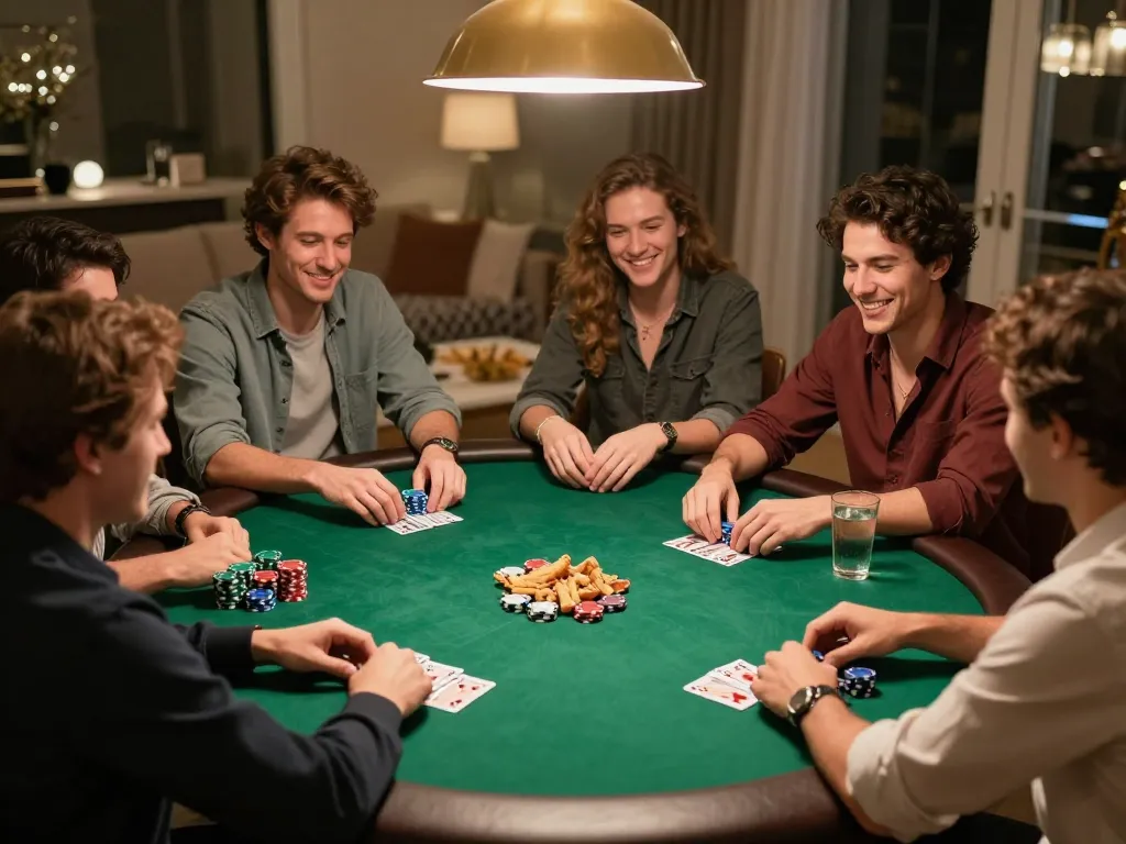 Sunwin20 home poker night with friends enjoying competitive card gameplay.