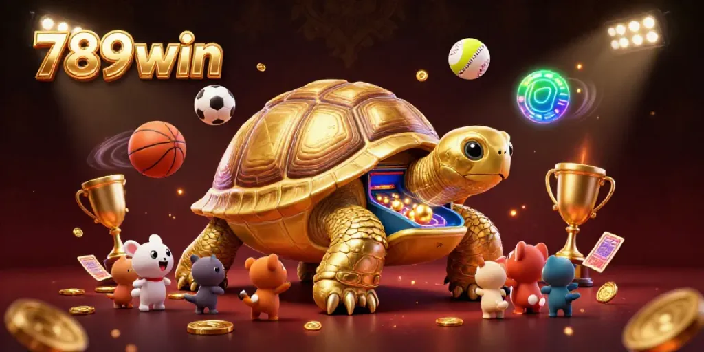 Engage in thrilling gaming with 789win's vibrant 3D celebration featuring a golden tortoise pinball machine.