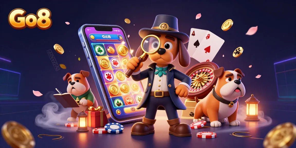 Go8 casino adventure illustration with a detective duo uncovering exciting gaming treasures.