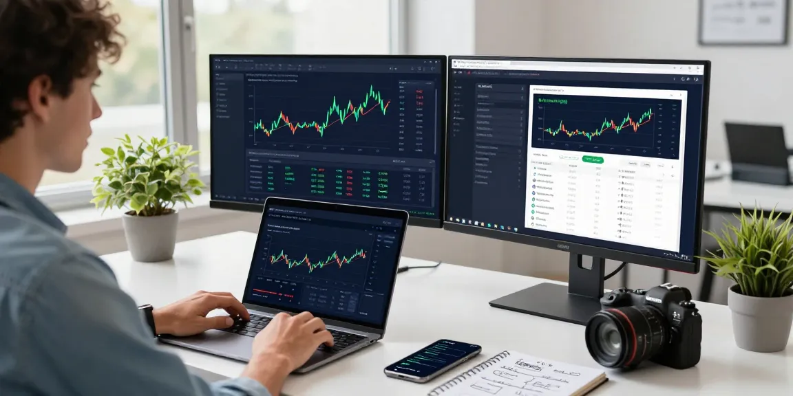 LibertySwap interface showcasing cross-chain trading in a modern workspace with dual monitors and digital asset charts.