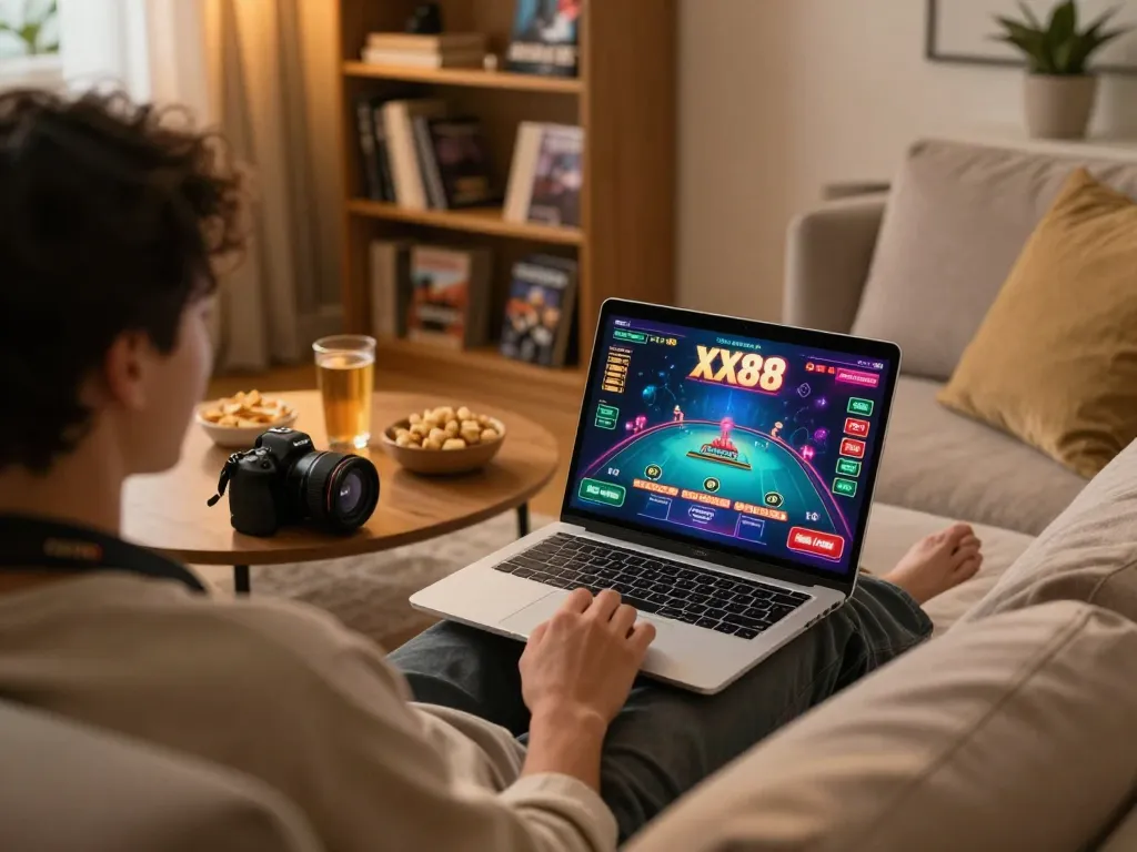 Engaging gameplay on an XX88 game via laptop, showcasing a live dealer table scene.