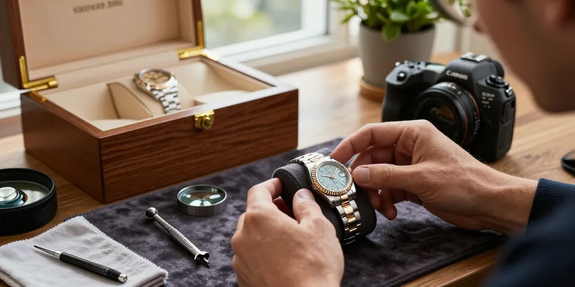 Person examining a luxury rolex replica on a velvet cloth with watchmaking tools