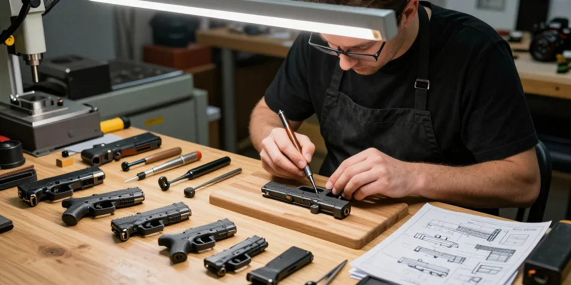 Precision Glock slides customization process at https://precisionglockslides.com with skilled gunsmith in a professional workshop.