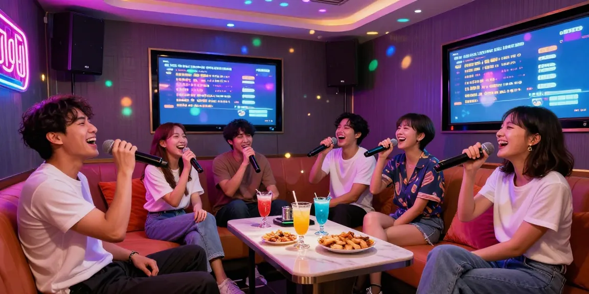 Experience the excitement of 강남가라오케 with friends enjoying singing in a vibrant karaoke bar.