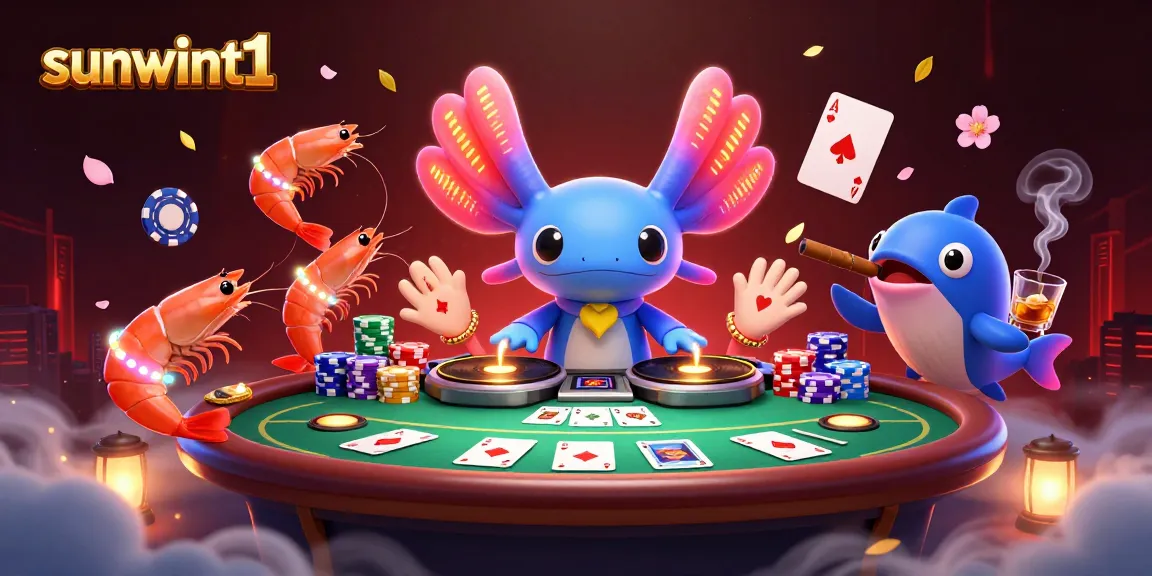 Experience the excitement of sunwint1 with vibrant casino action featuring a neon DJ, poker chips, and lively characters.