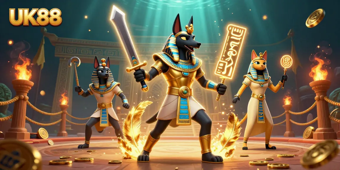 Bet big with UK88 featuring Anubis and Bastet in a rich casino battle scene.