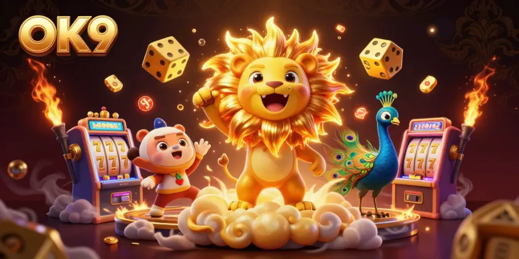 Spin and win at OK9's immersive slot experience with golden dice and a roaring lion!