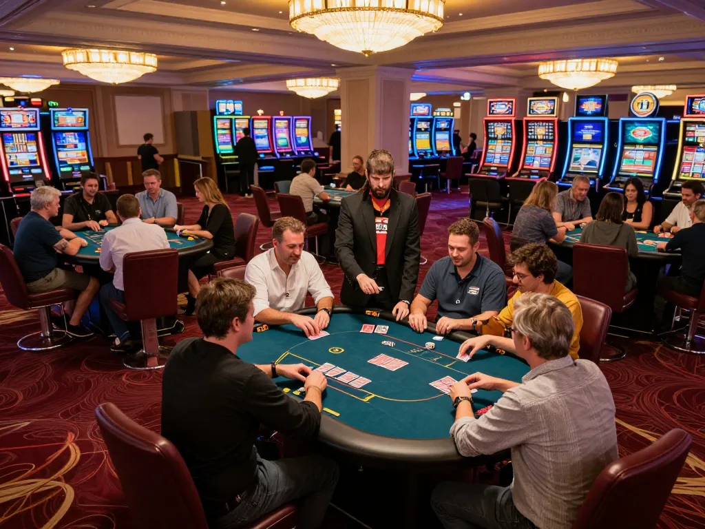 Keen players engaging in poker at the upscale casino floor, exemplifying keonhacaii's vibrant gambling atmosphere.