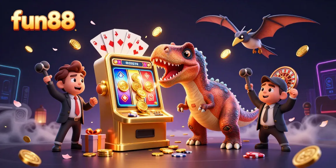fun88 casino features a pachycephalosaurus with a jackpot slot machine, capturing golden coins in dynamic action.