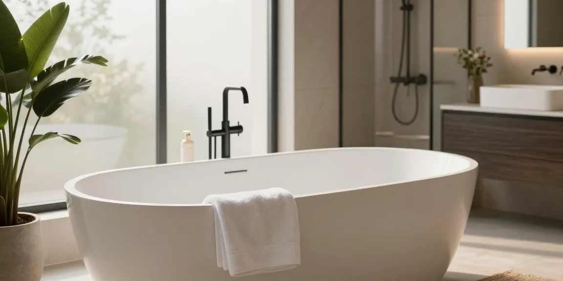 KingKonree luxurious solid surface freestanding bathtub in modern bathroom setting, showcasing seamless design and elegant accessories.