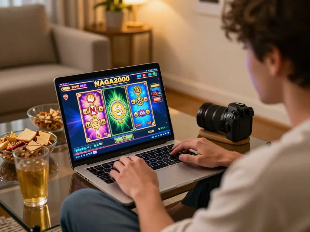 NAGA2000 player enjoying an online slot game at home with cozy ambiance and responsible gaming focus