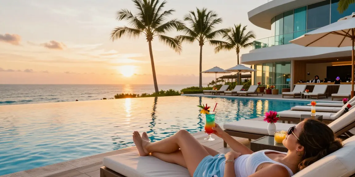 LUXURY 777 saat bersantai di tepi kolam infinity mewah dengan pemandangan laut yang menakjubkan.