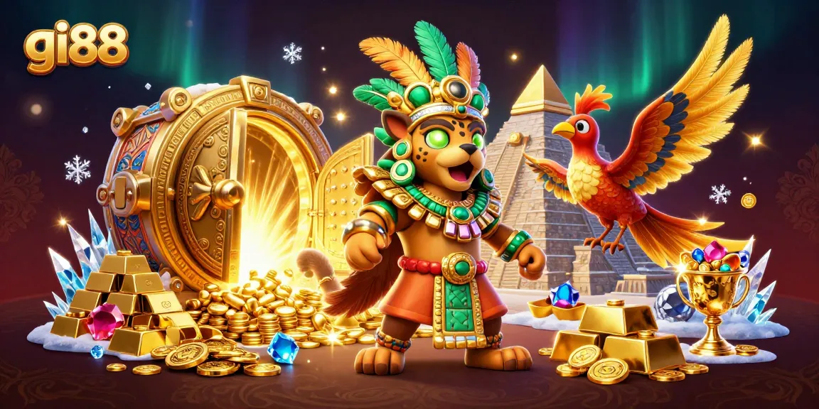 Experience the thrill of gi88 with a vibrant scene featuring a Mayan priest and treasure elements.