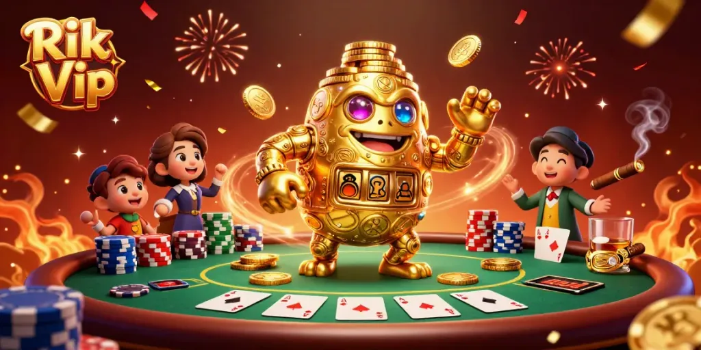 Experience the thrill of Rik Vip with a golden golem amidst vibrant casino elements and celebratory effects.