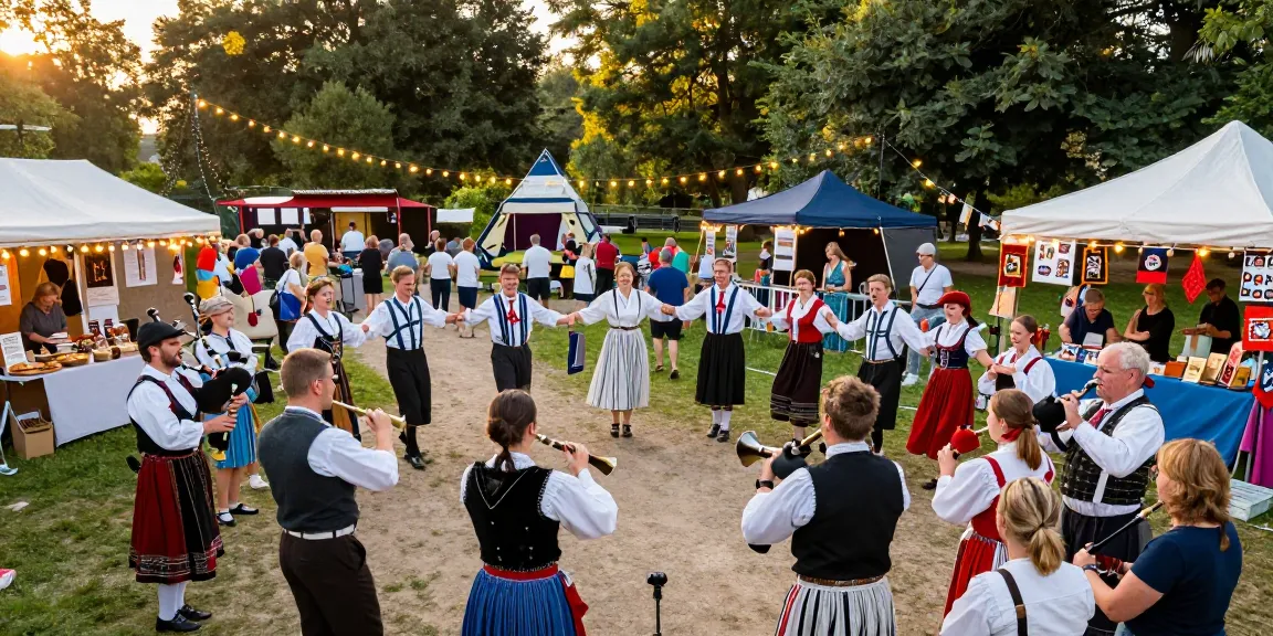 A vibrant summer festival scene promoting m98 สล็อตวอเลท 2026 with traditional Breton music and dance, showcasing community engagement in the park.