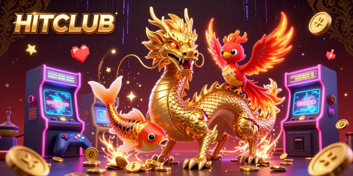 Experience excitement at HITCLUB with a vibrant dragon and phoenix illustration set in a casino gold theme.