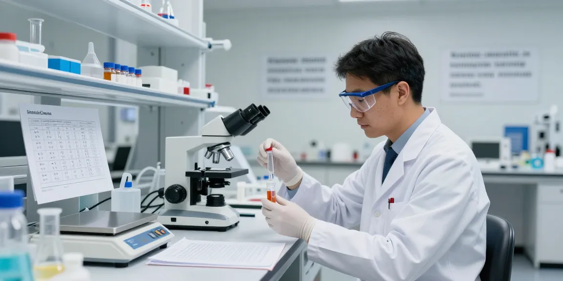 Research scientist analyzing SwissChems peptides in a modern lab setting.