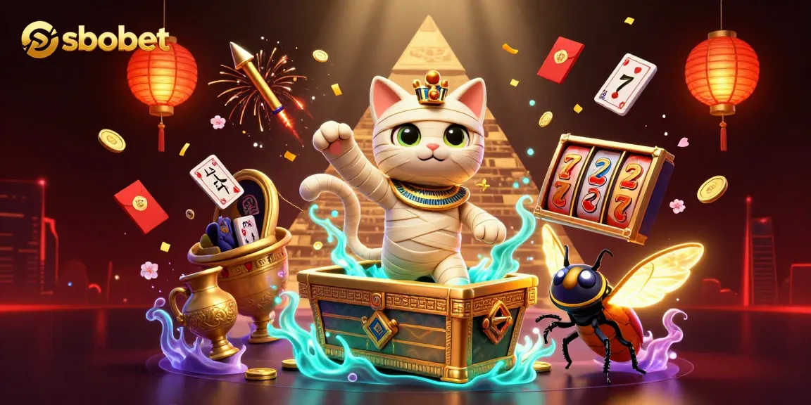 Sbobet offers exciting slots action with a dynamic Egyptian-themed casino scene featuring a mummy cat, jewels, and gaming elements.