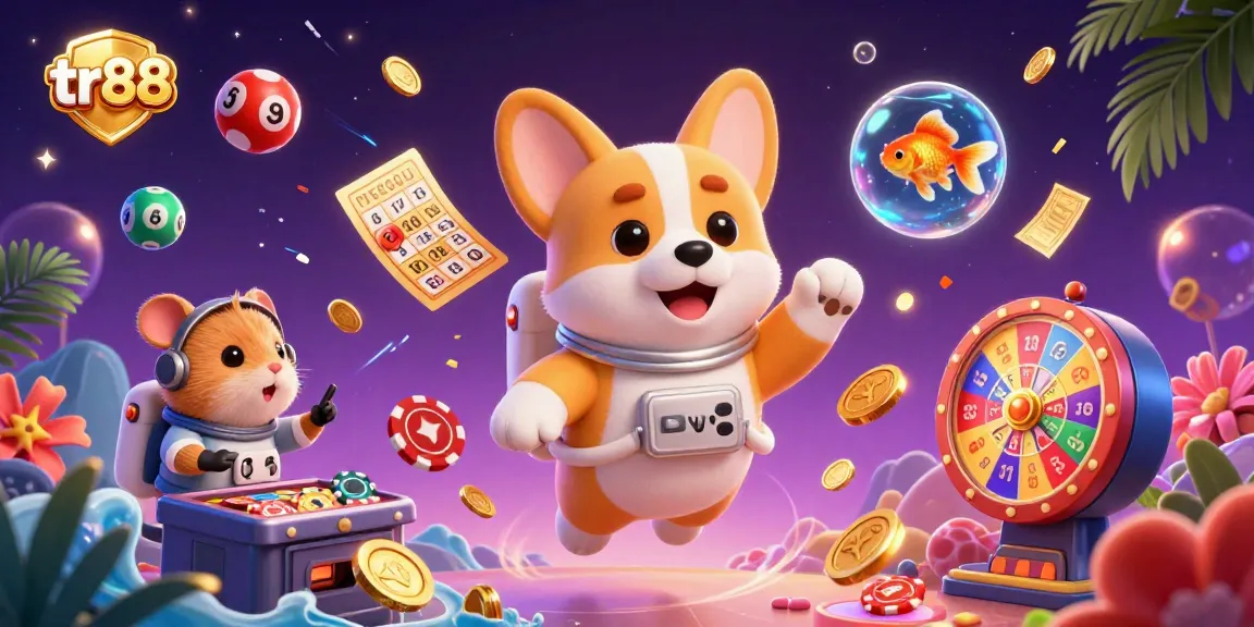 Gamble with tr88: Astronaut corgi in a cosmic casino floating among poker chips and lottery elements.