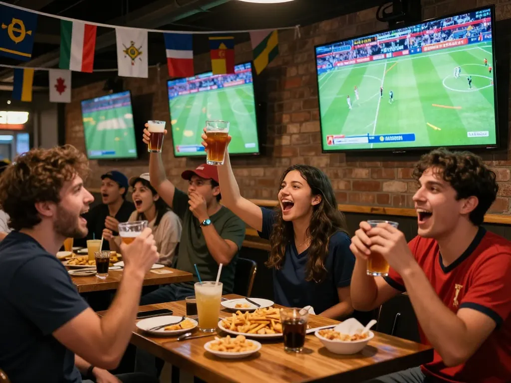 Cheering fans enjoying World Cup 2026 match at sports bar, celebrating the event with drinks and camaraderie.