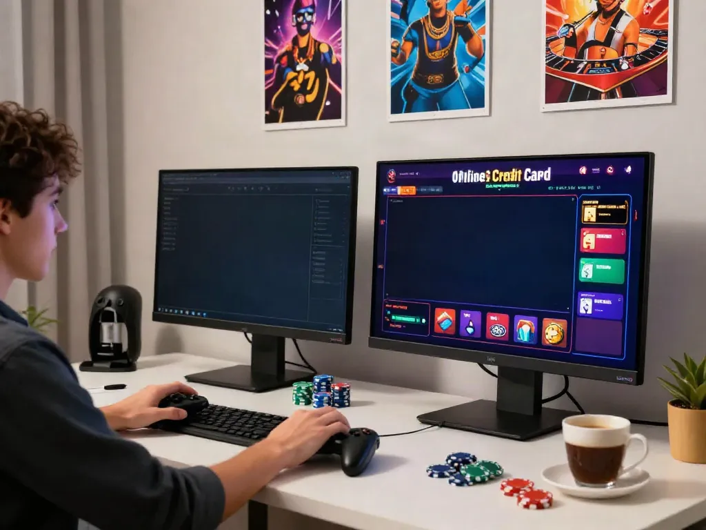 Engaging scene of a player at an online credit card casino, showcasing vibrant gaming setup and atmosphere.