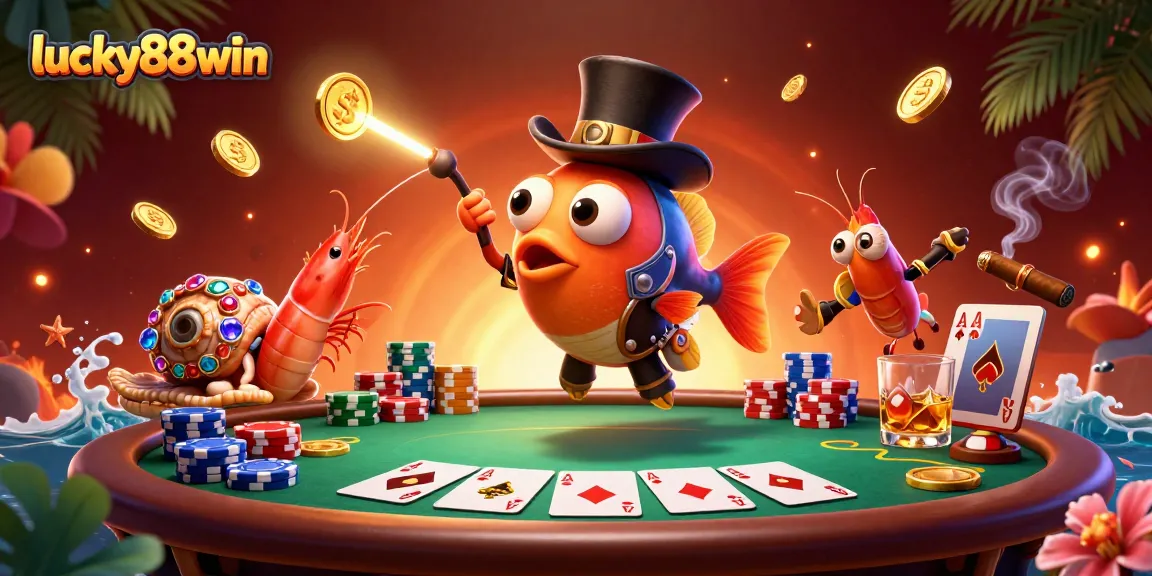 A captivating 3D scene showcasing a deep-sea anglerfish attracting coins, embodying lucky88win casino themes with poker elements.