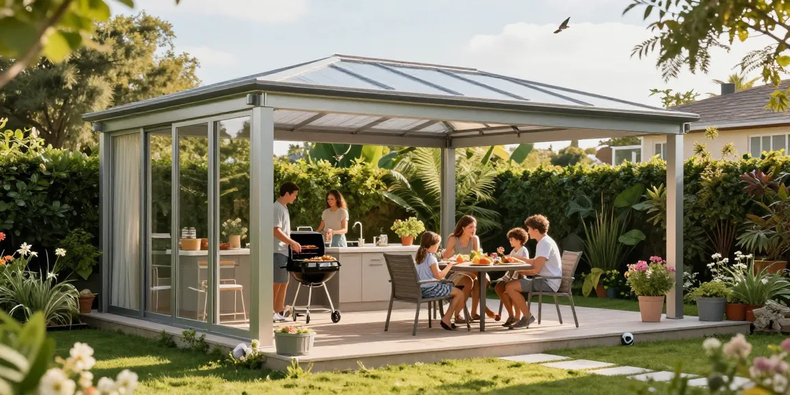 Terrassenüberdachung freistehend, modernes Alu-Dach, Familie genießt Grillfest im Garten