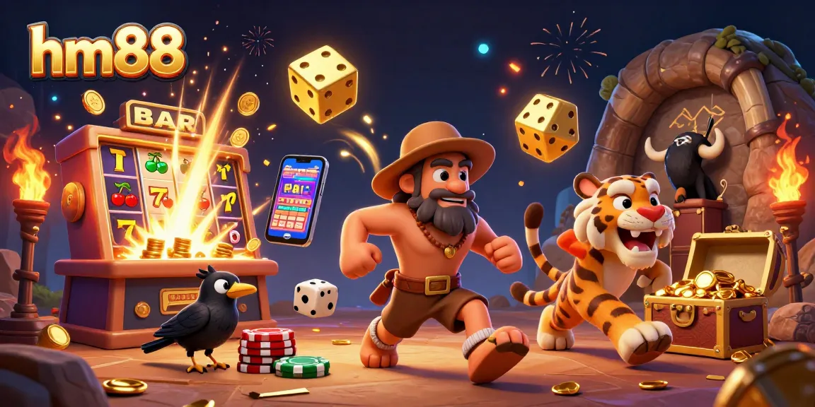 Experience thrills at hm88 with a vibrant scene of caveman and sabertooth at a dynamic prehistoric casino.