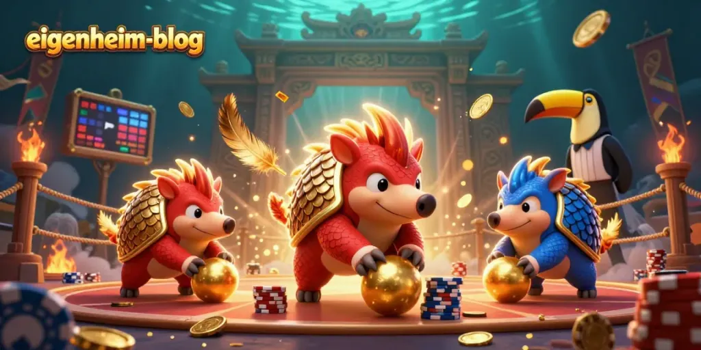 Spiele auf dem eigenheim-blog: Rivalisierende Pangoline beim Pokern mit goldenen Münzen und einem Überwachungstukan.