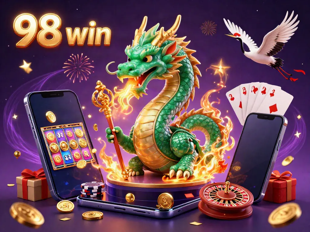 Experience the excitement of 98 win with vibrant characters and casino elements celebrating the thrill of gaming.