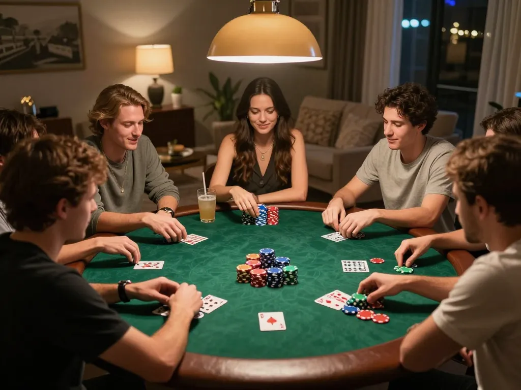 Friends playing poker at home, enjoying a lively game of Texas Hold'em with chips and cards visible, 789bet featured.
