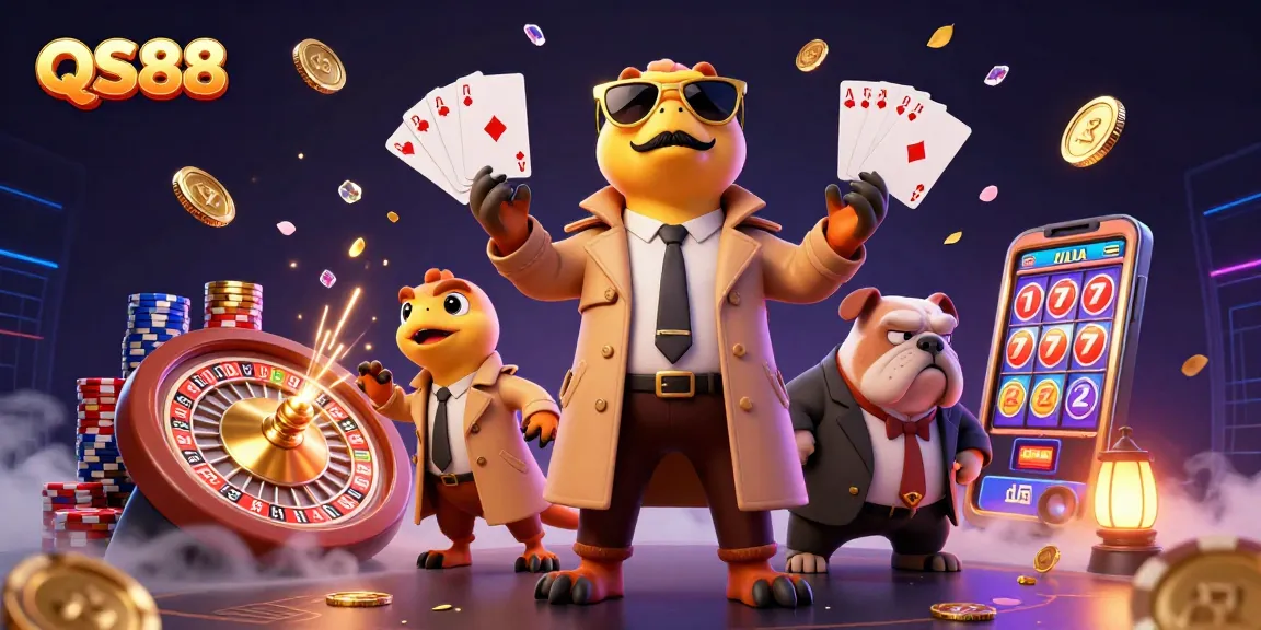 Experience the excitement at QS88 with raptors disguised at a VIP casino, showcasing dazzling gems and golden coins.